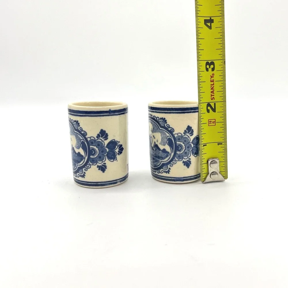 Vintage Vandermint Delft Blue Ceramic Shot Glasses‎ Windmill Dutch Barware
